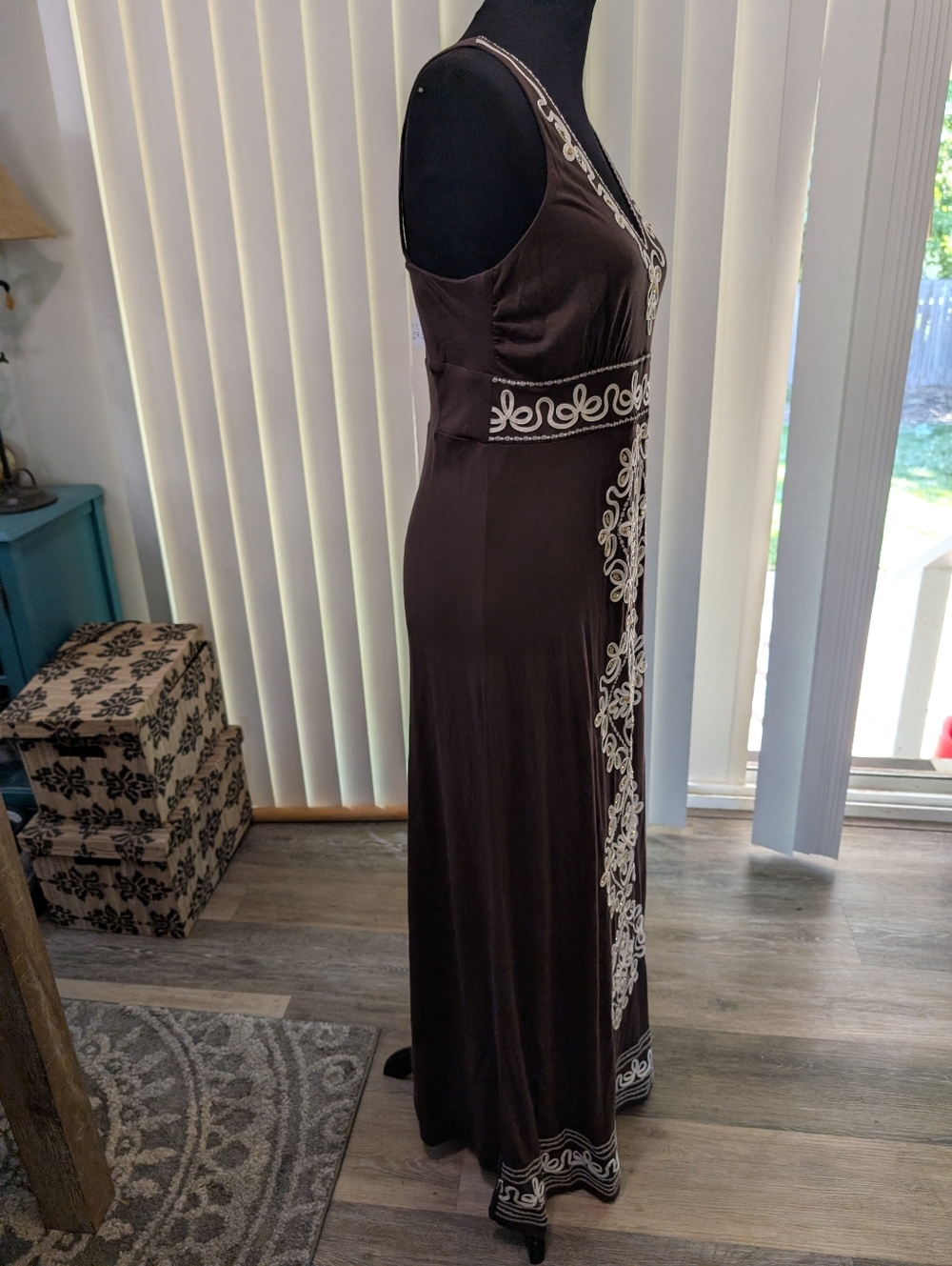 INC Chocolate Brown Maxi Dress with White Stitch and Gold Jewel Details - Picture 4 of 6